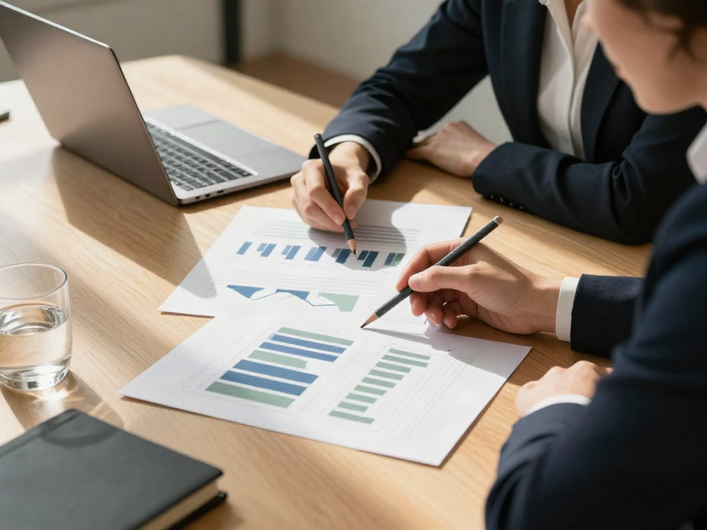 A close-up of consultants examining charts during a business review